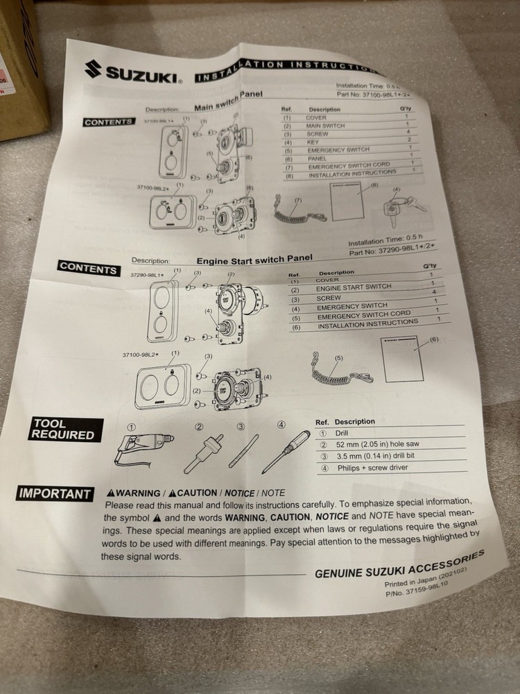 Genuine Suzuki SPC 2.0 Vertical Push Button Switch Assembly 37290-98L10