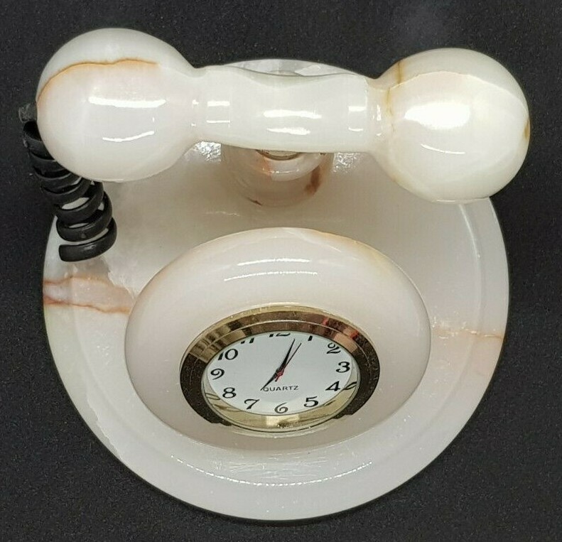 WHITE ONYX HANDCRAFTED, TELEPHONE STYLE CLOCK, 3"