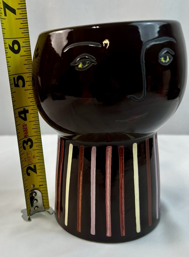 Unique Ceramic Face Planter Modern Abstract Art Brown Striped Pot