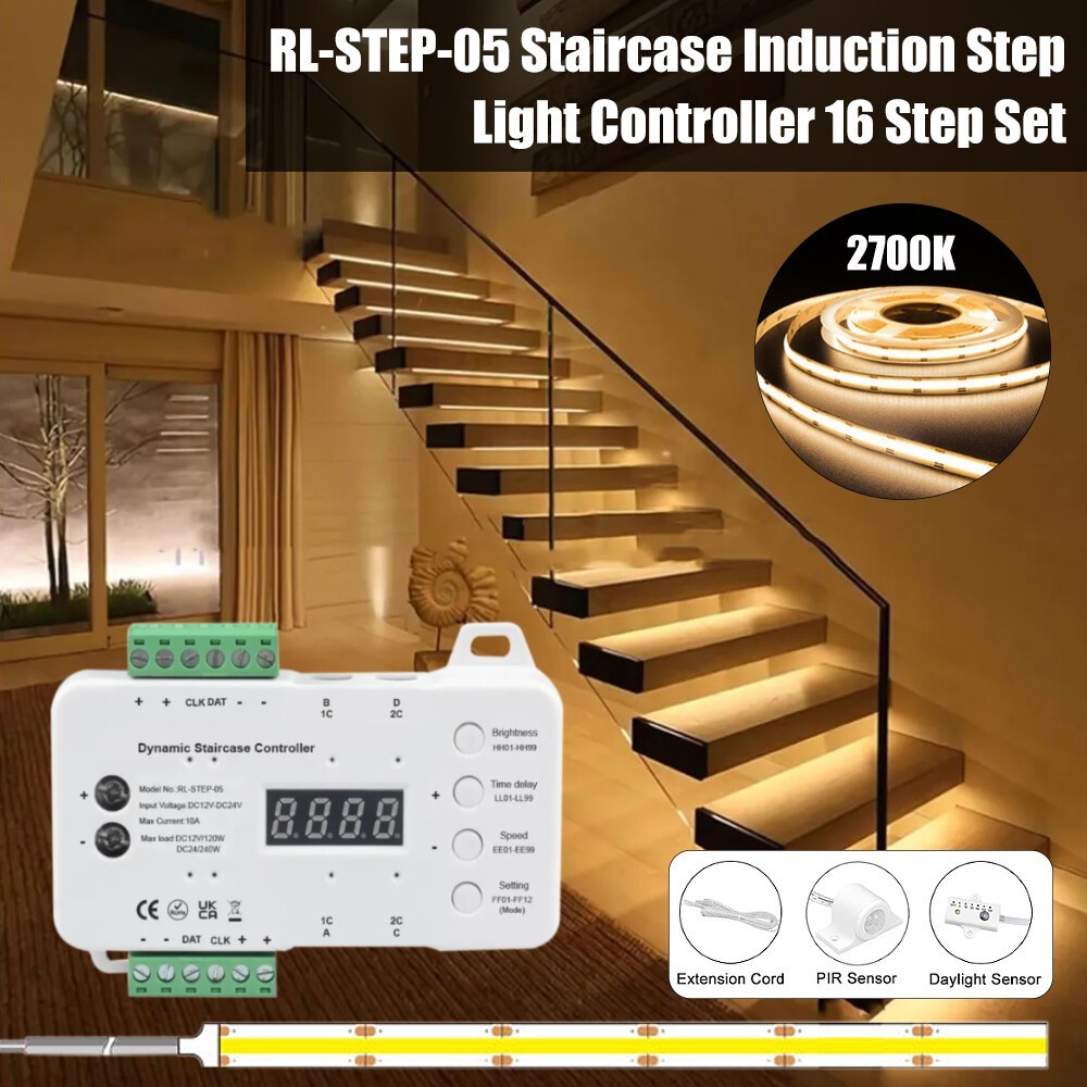 16/Steps LED Strip Light Stair Lighting Controller Motion Sensor System Full Set