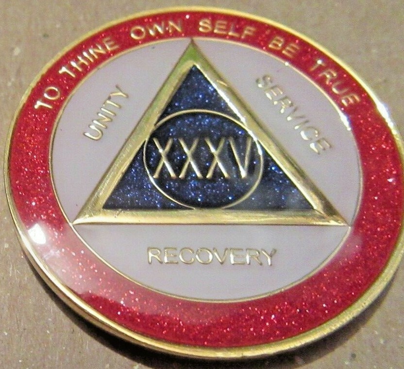 RED White BLUE SPARKLE Alcoholics Anonymous 35 Year AA Medallion Coin Token chip