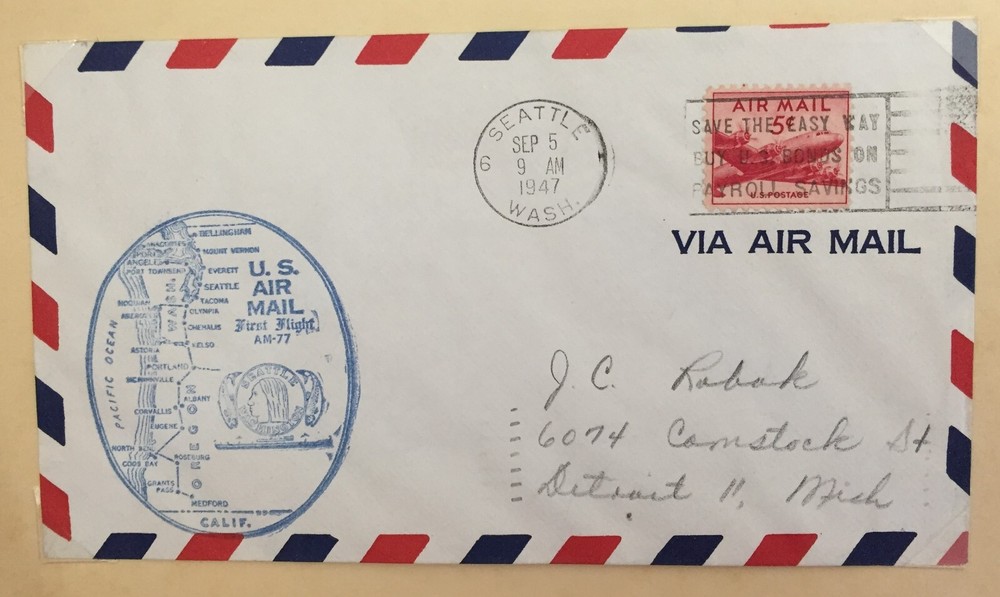 1947 Airmail Stamp Cover AM 77 First Flight Cache SEATTLE Washington Postmark