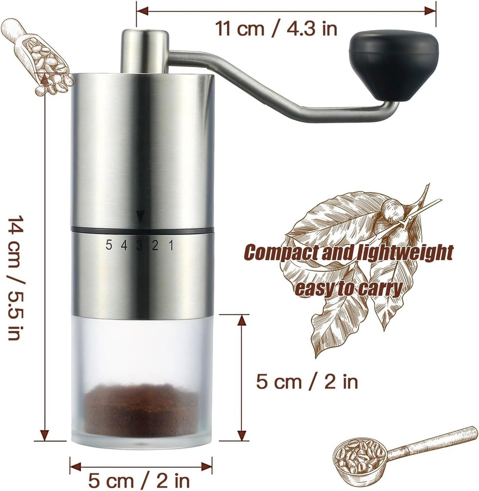 Portable Manual Coffee Grinder - Conical Burr with 5 Silver Ceramic
