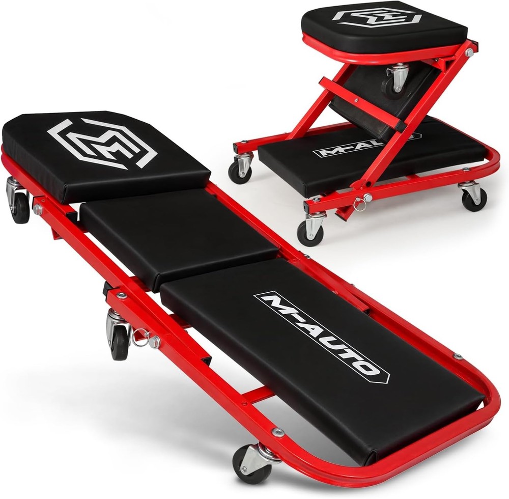 2-in-1 Rolling Creeper & Seat, 36", 330LBS Capacity, Red