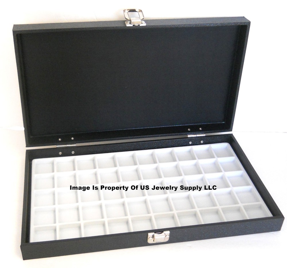 Grained Leatherette Wood Solid Top Lid White 50 Space Jewelry Display Case Box