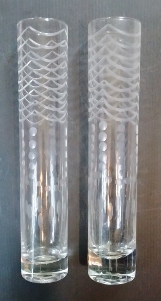 TWO 10" ETCHED BUD VASES by Crstal Clear