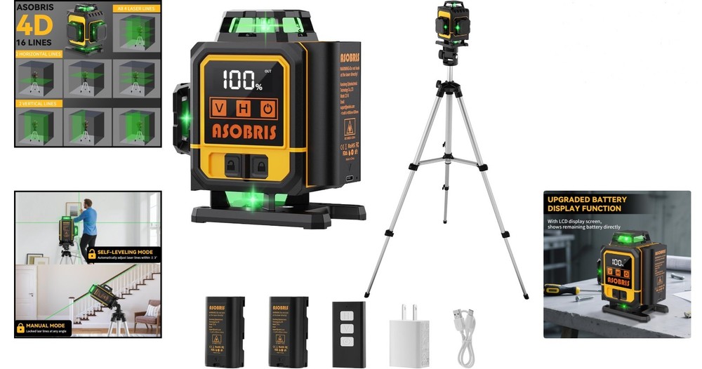 4D Laser Level Line Laser with Tripod LCD Touch Screen 360° Self Leveling Green