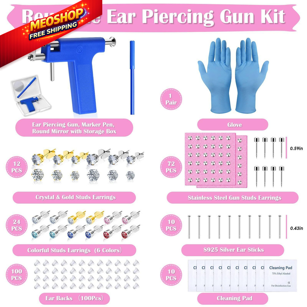 Ear Piercing Gun Kit, Reusable Nose Machine with Blue