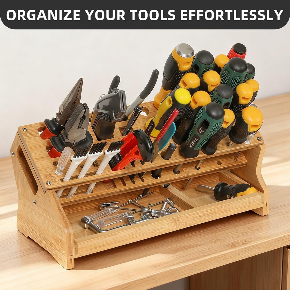 Bamboo Screwdriver Organizer - Tool Storage Organizer Workbench Desktop Rack ...