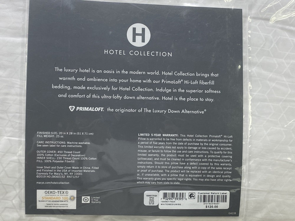 Hotel Collection Primaloft 450TC Luxury Down Alternative Medium Pillow Standard