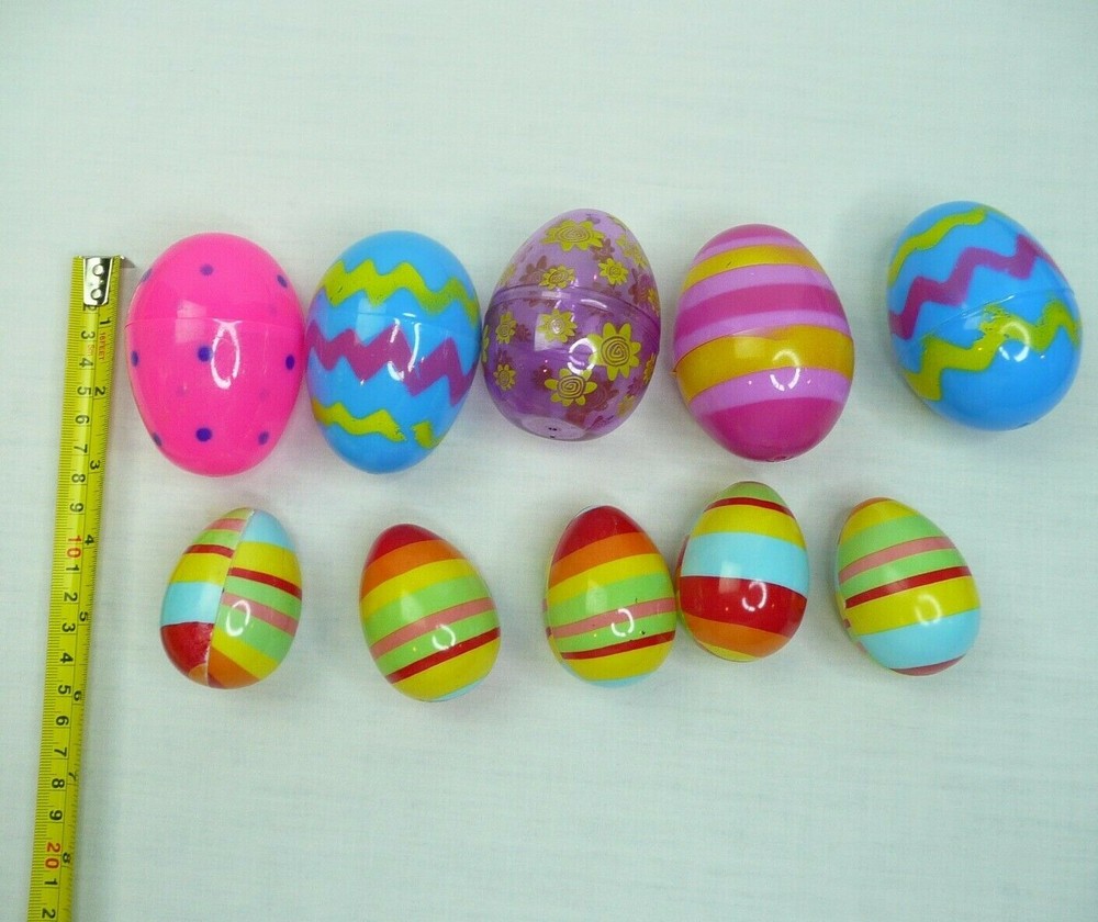 10 Plastic Empty Hollow Easter Eggs, 3" & 2.25" Long Easter Basket Stripes Dots