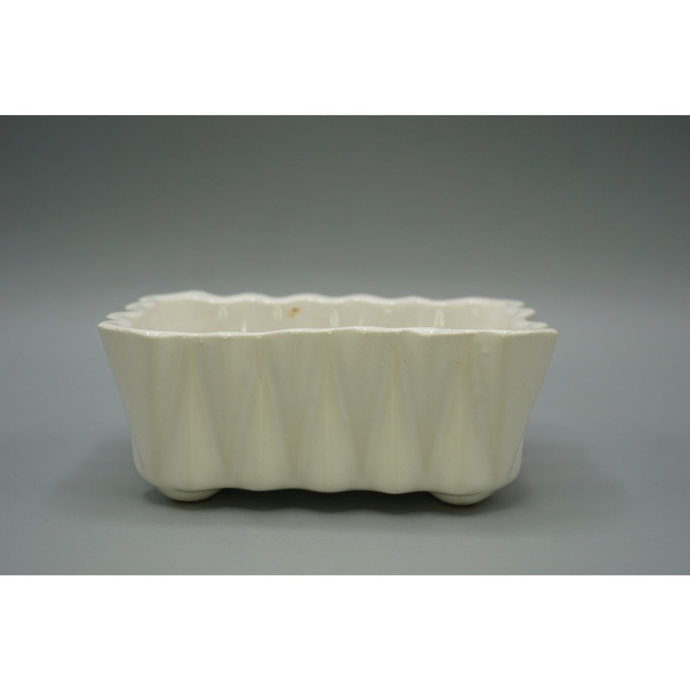 Vintage MCM White Ivory Ceramic Rectangular Ribbed Footed Planter Scallop Rim