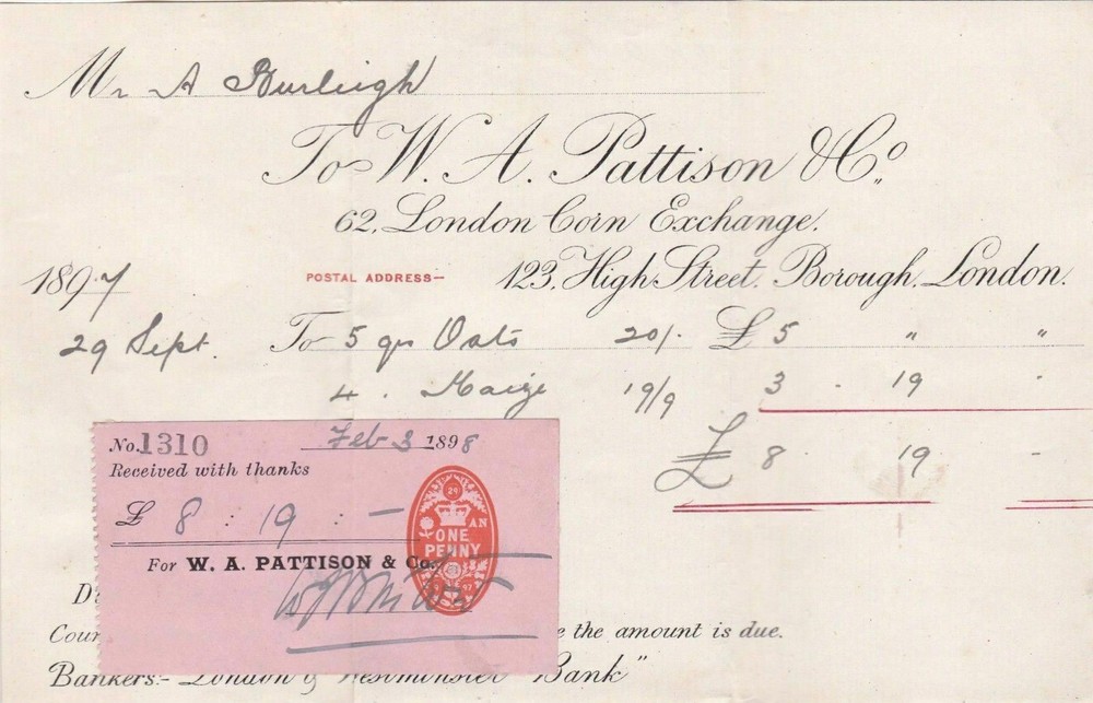 1898 LONDON CORN EXCHANGE RECEIPT