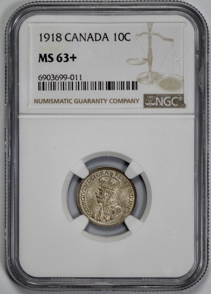 1918 Canada Silver 10 Cents NGC MS 63+