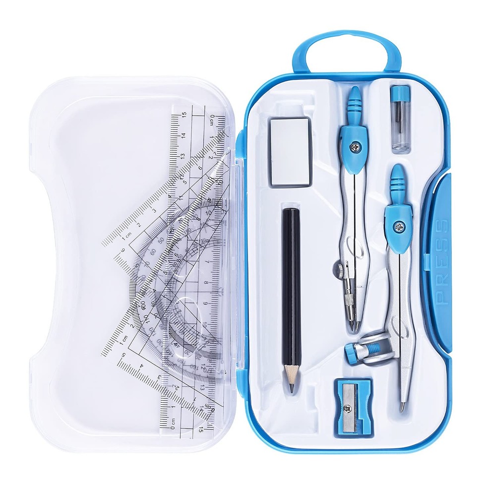 Math Geometry Kit Set 10 Pieces with Shatterproof Storage Box, Student Blue