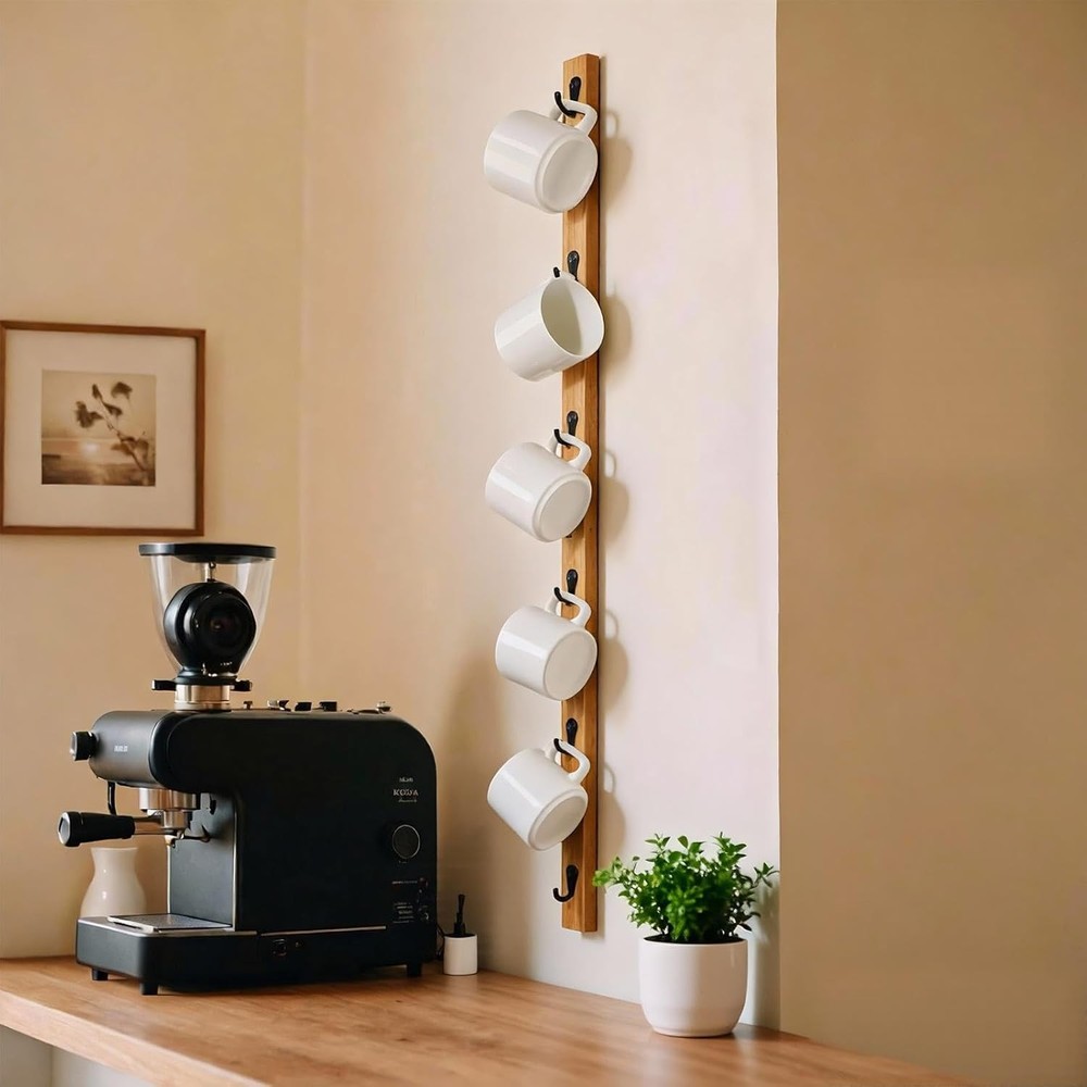 Wall-Mounted Coffee Mug Rack 6-Hook Solid Wood Cup Holder Kitchen Cabinet