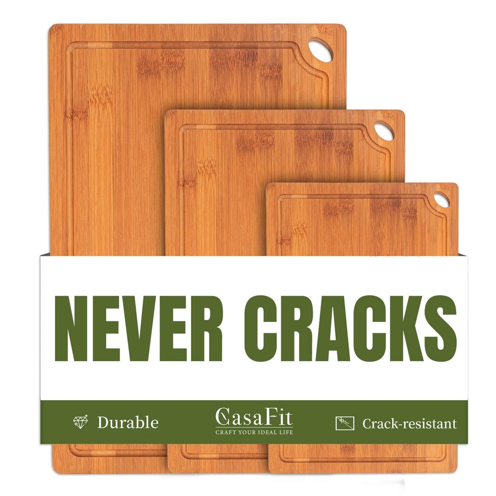 3-Piece Organic Bamboo Cutting Board Set for Kitchen - Carbonized Extra Sturd...