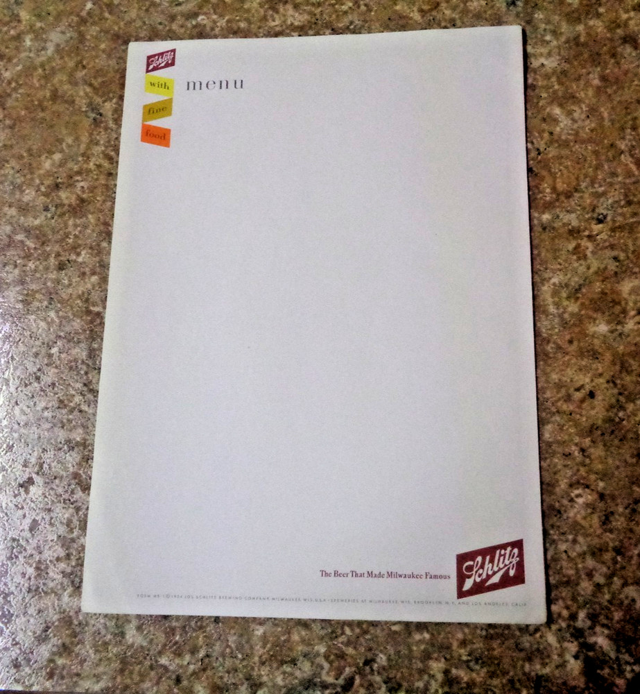 Schlitz Beer Menu Sheet #3
