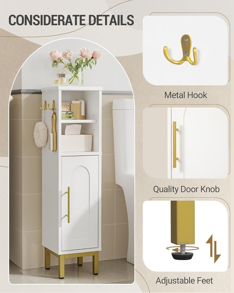 Compact Corner Bathroom Cabinet with Decorative Top & Dual Hooks - White Finish