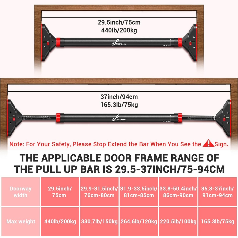 Pull Up Bar for Doorway: Sportneer Strength Training Pull-up Bars Black-Red