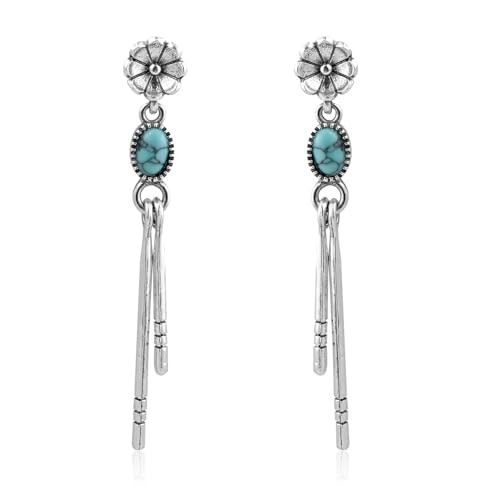 Silver Turquoise Dangle Earrings for Women with Daisy Studs Boho Style Long