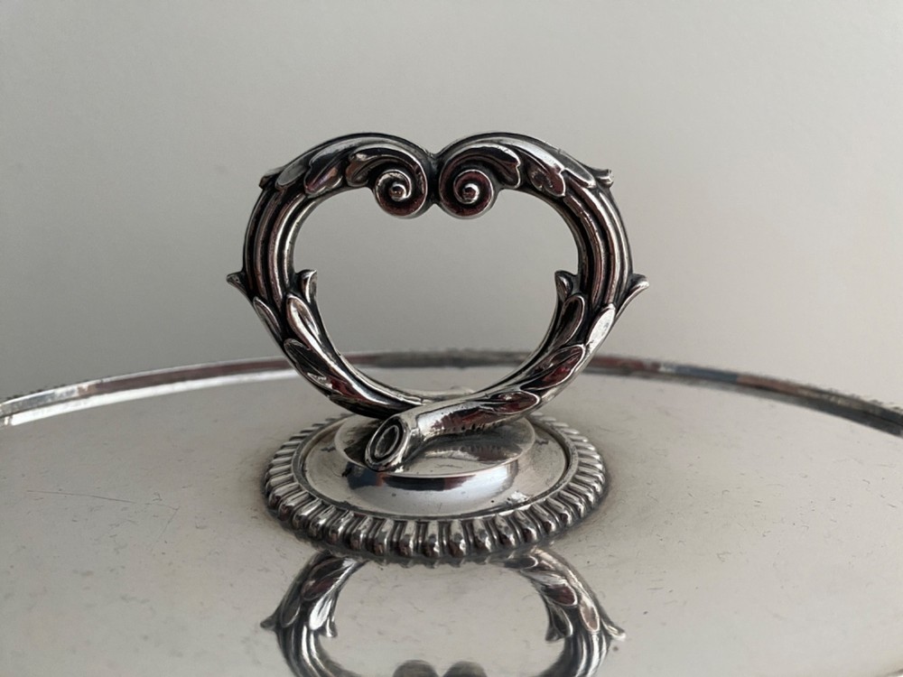 ANTIQUE 19THC SILVER PLATED LIDDED SERVER ENTREE TUREEN WITH HEART SHAPED HANDLE