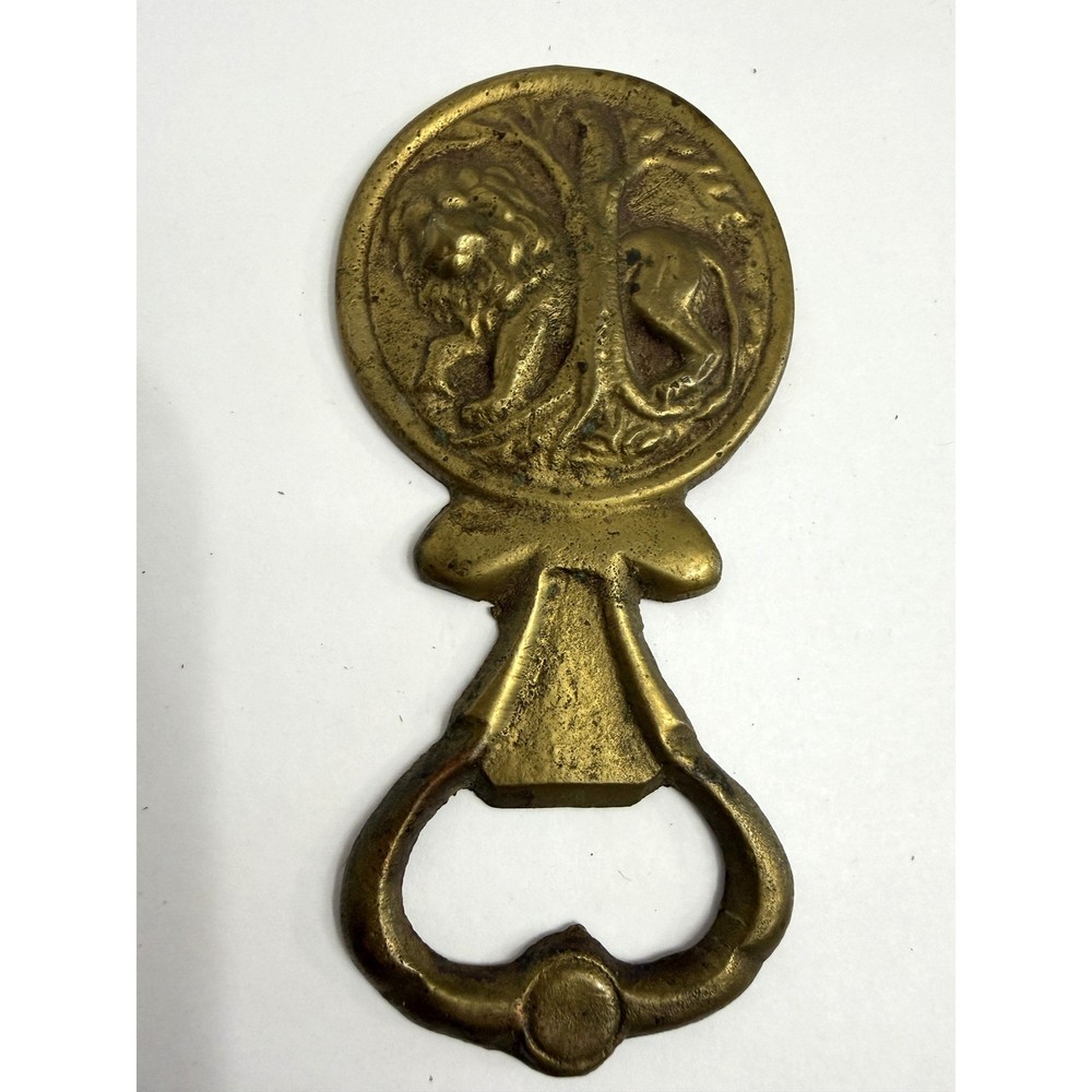 Vintage Solid Brass Lion and Tree Embossed Bottle Opener Bar Tool Gold Tone
