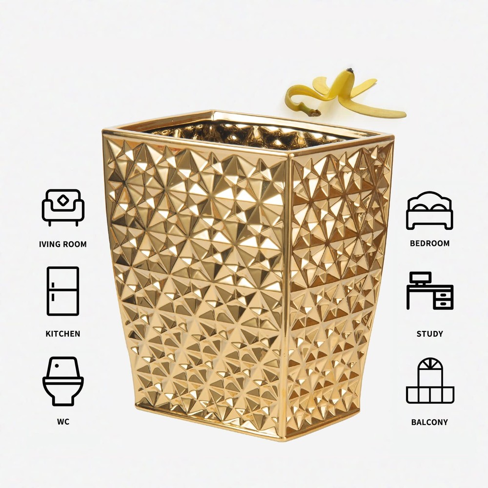 Ceramic Gold Square Bathroom Trash Can – Decorative Wastebasket