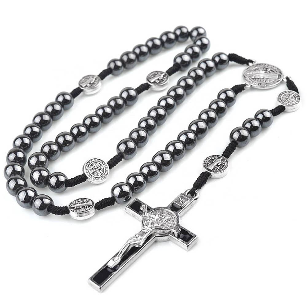 Saint St Benedict Medal Hematite Rosary – 15" Length – 8mm Black Prayer Beads