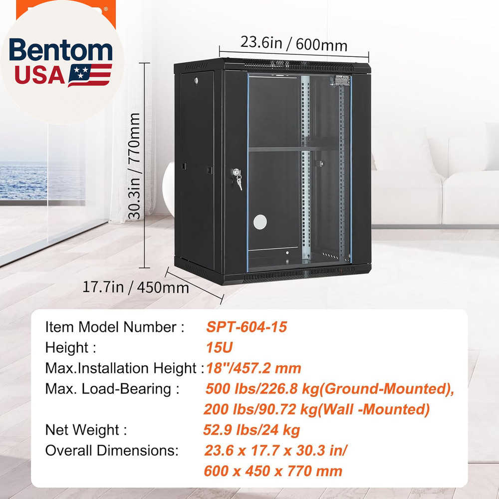 15U Wall Mount Network Server Cabinet, 18'' Deep, Server Rack Cabinet Enclosure,