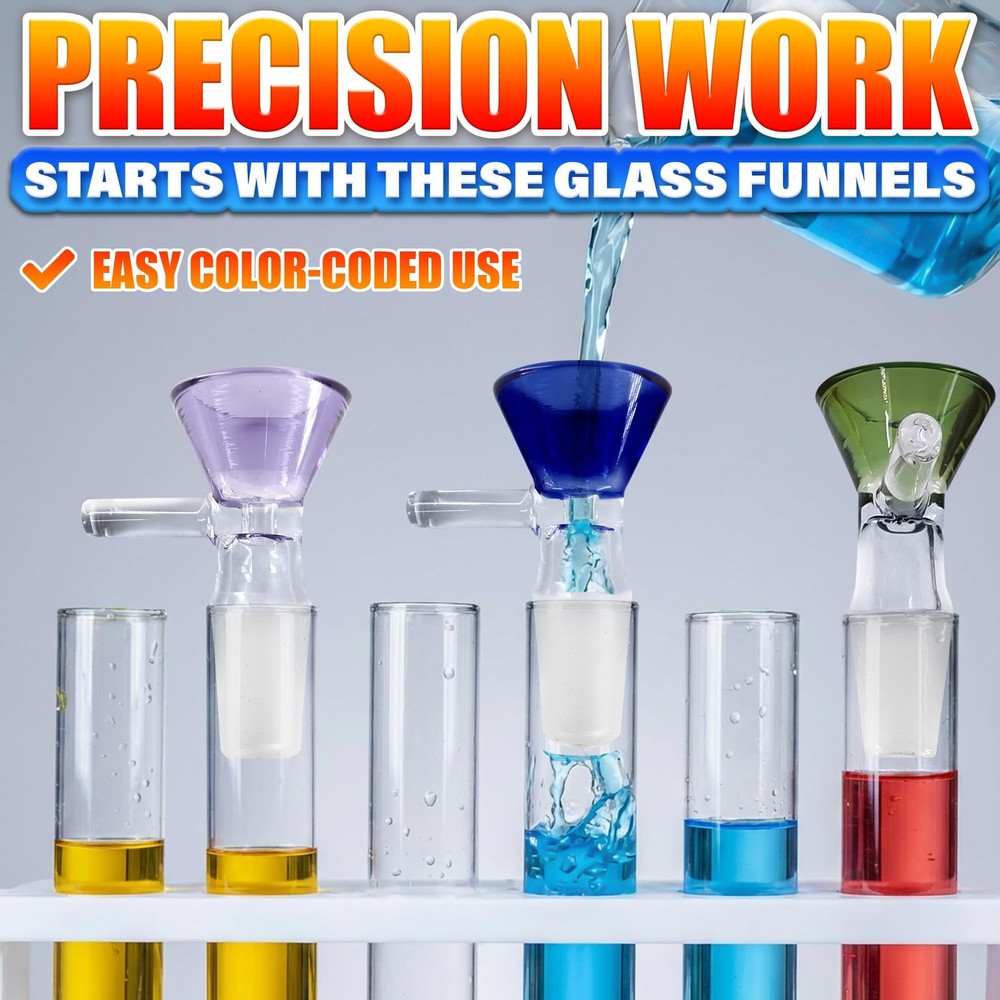 6-Pack 14mm Glass Funnel with Handle – Colored Tops, Ergonomic Handle for Kit...