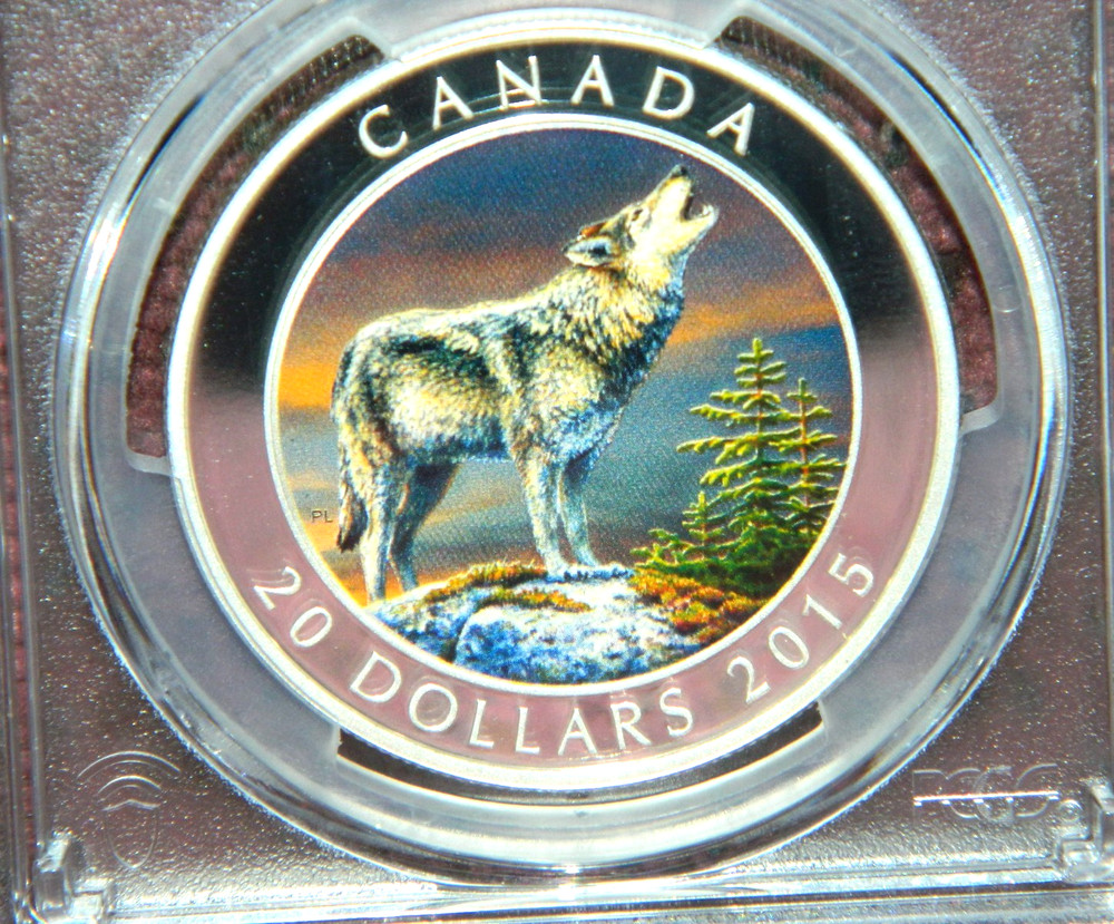 2015 CANADA $20 HOWLING WOLF - COLORIZED SILVER COIN - PCGS PR70 DCAM - POP=4