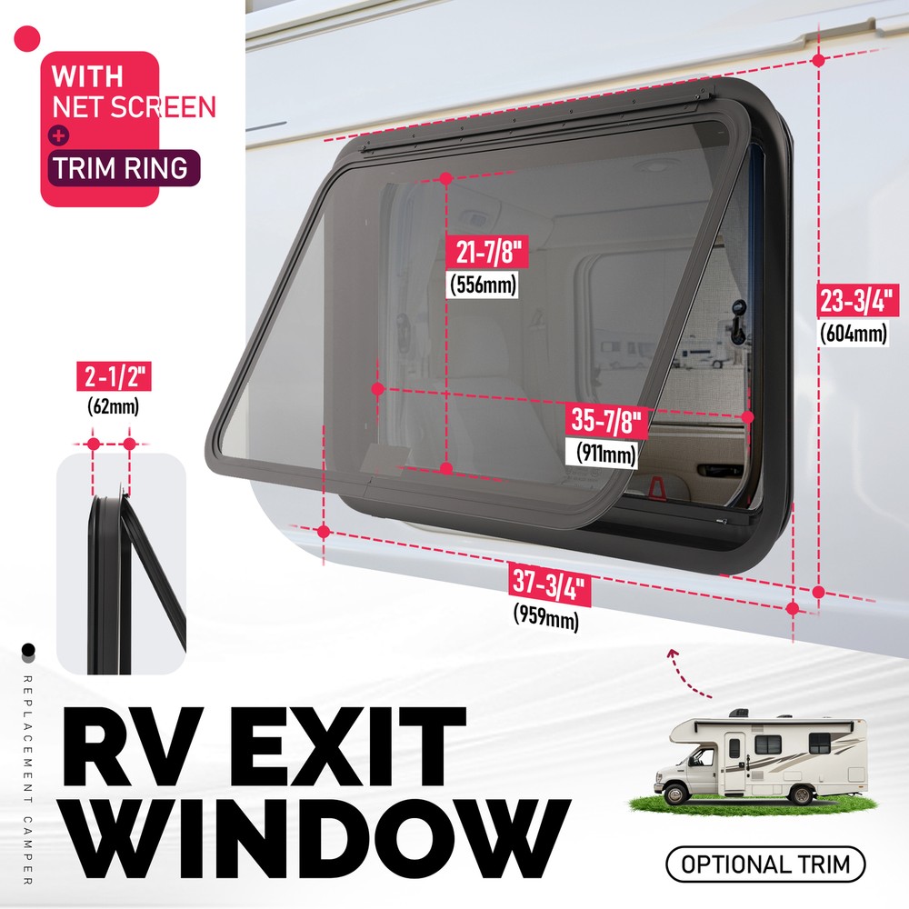 For Camper Push Out Emergency 36" W x 22" H RV Window Exit Window Tined Glass