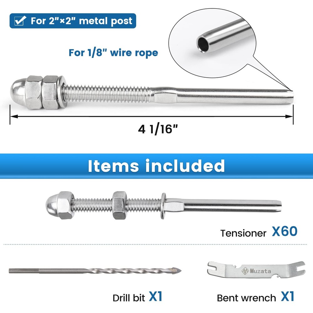 Muzata 60 Pack 1/8" Cable Railing Hardware Kit Hand Swage Threaded Stud Tensi...