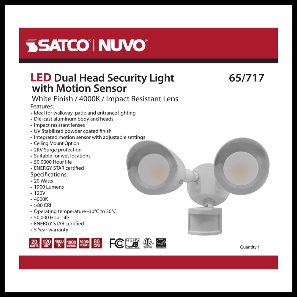Satco 65-717  Dual Head LED Outdoor Security Flood Light - 4000K - Motion Sensor