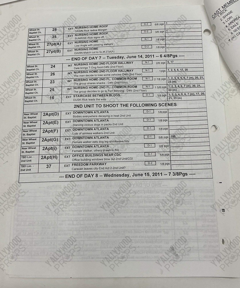 Prelim Shooting Schedule S2E1 The Walking Dead
