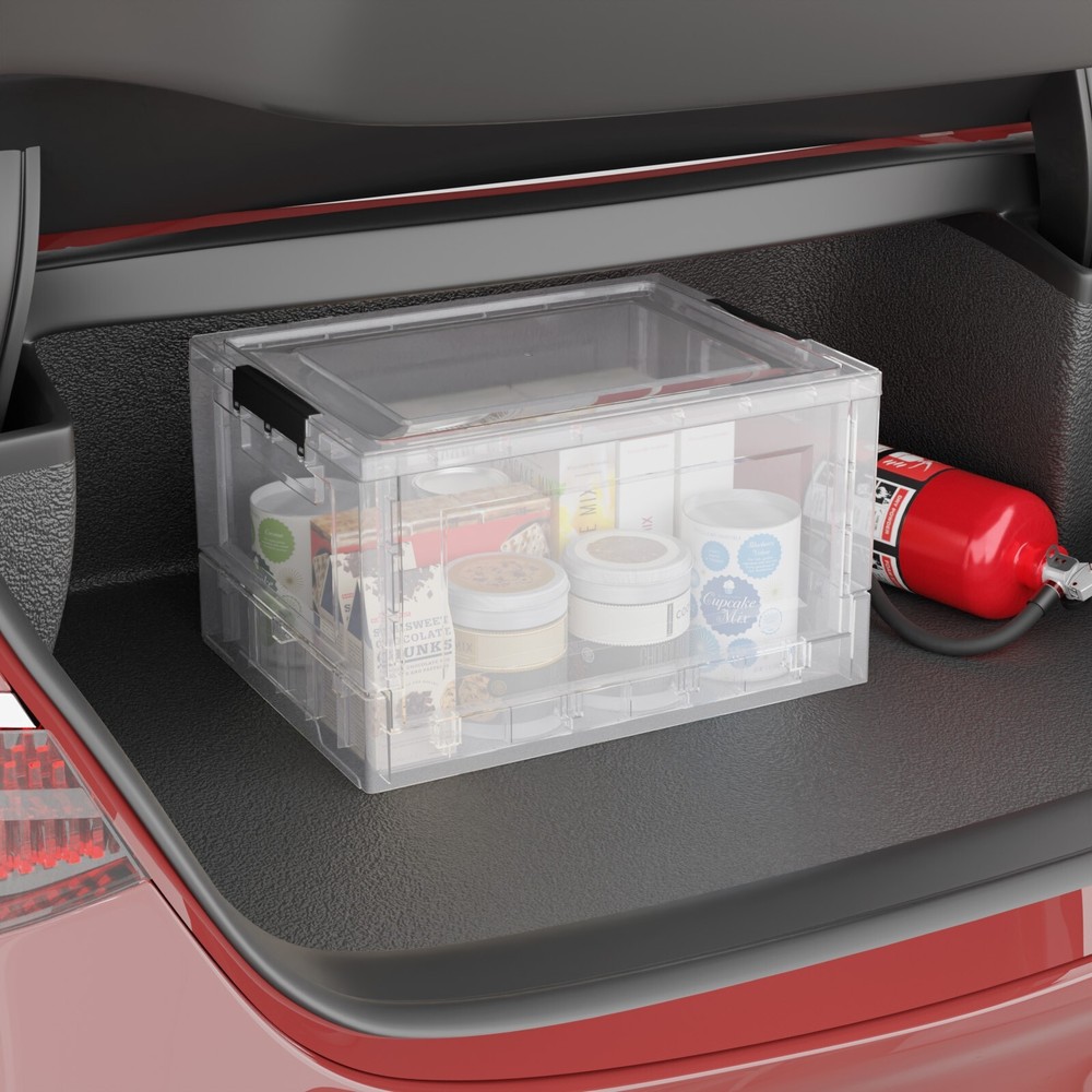 4 Packs Clear Stackable Folding Bins with Lids Collapsible Plastic Storage Cube