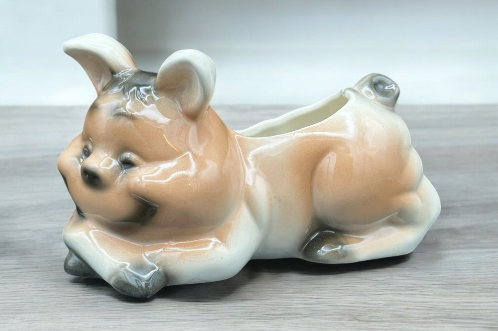 Anthropomorphic Lying Pig Shelf Planter Mold Brown Painted