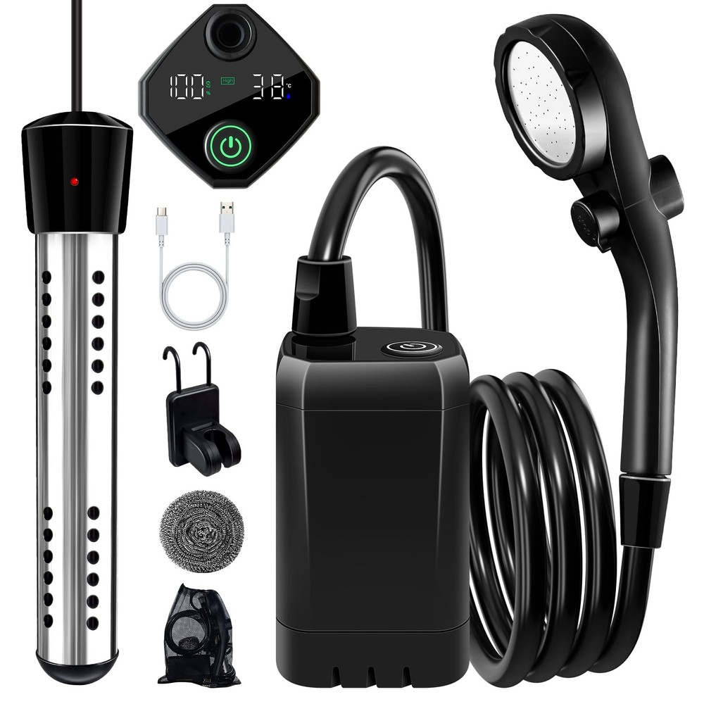 Portable Shower With Heater,6000Mah Battery Powered Medium, Black
