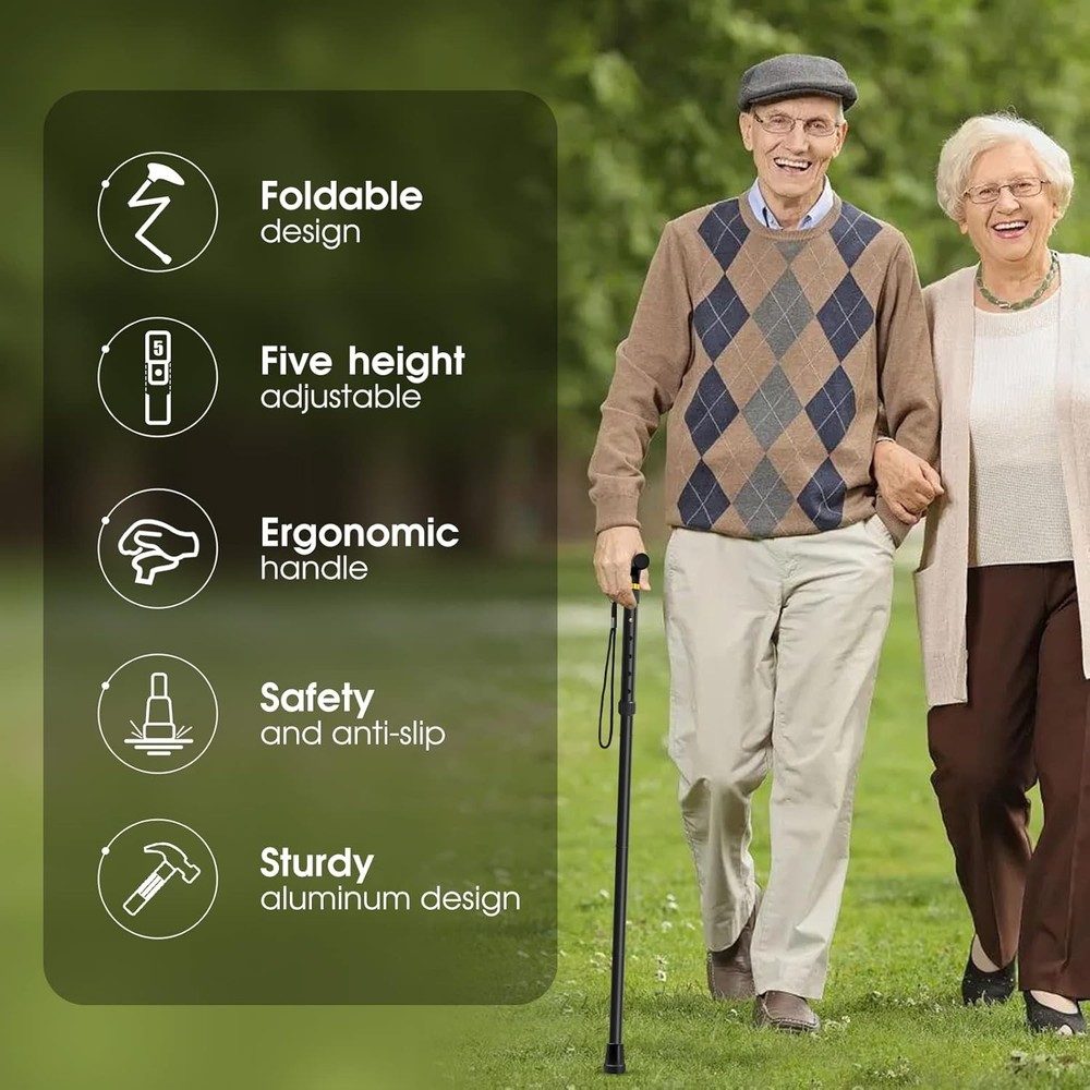 Folding Cane, Walking Height adjustment according to your requirements, Black