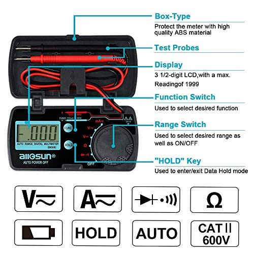 ALLOSUN Pocket Size Compact Digital Multimeter Auto Range Multi EM3082
