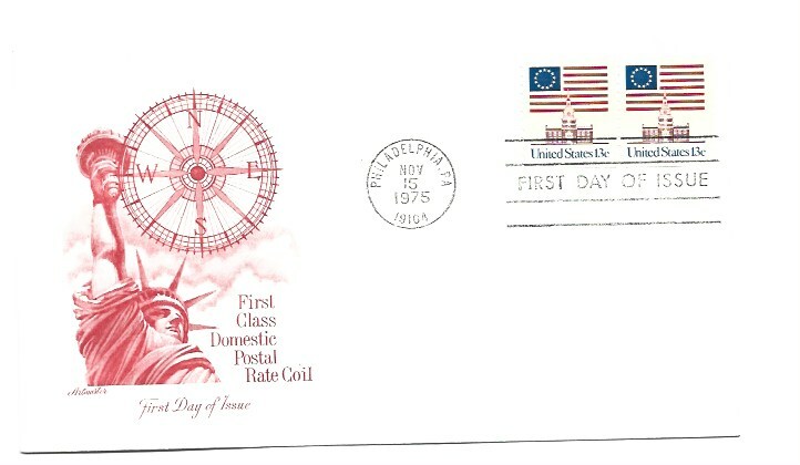 1625 13c  Flag over Independence Hall coil pair Artmaster FDC