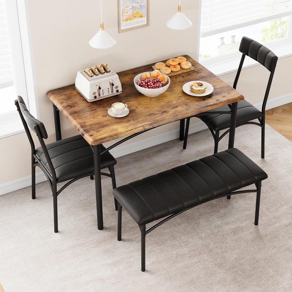 Dining Table Set for Small Spaces, Upholstered Bench & 2 Chairs with Metal Frame