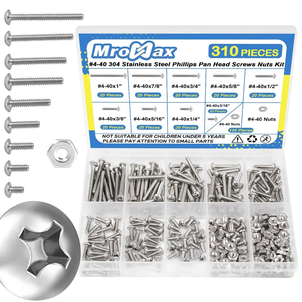 310Pcs #4-40 Phillips Pan Head Machine Screws Assortment Kit 304