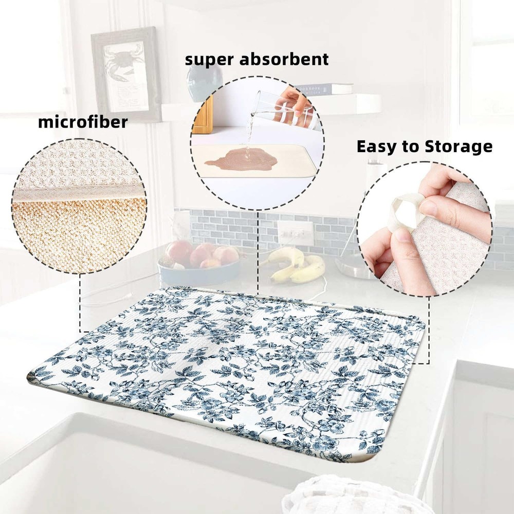 Floral Spring Small Dish Drying 16" x 18", White with Blue Patterns
