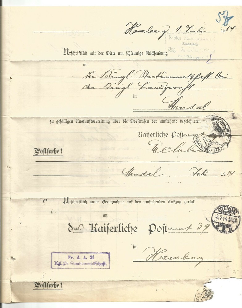 ⭐OSBURGH – GERMANY. 1914. OFFICIAL FOLDED ENVELOPE. STENDAL. STAATSANWALTSCHAFT