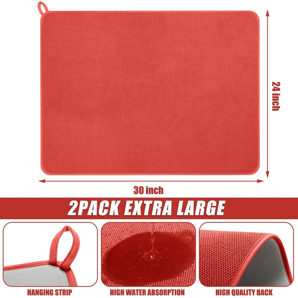 Extra Large Dish Drying Mat 2 Pack 30x24 Inch Red Microfiber Absorbent Pad