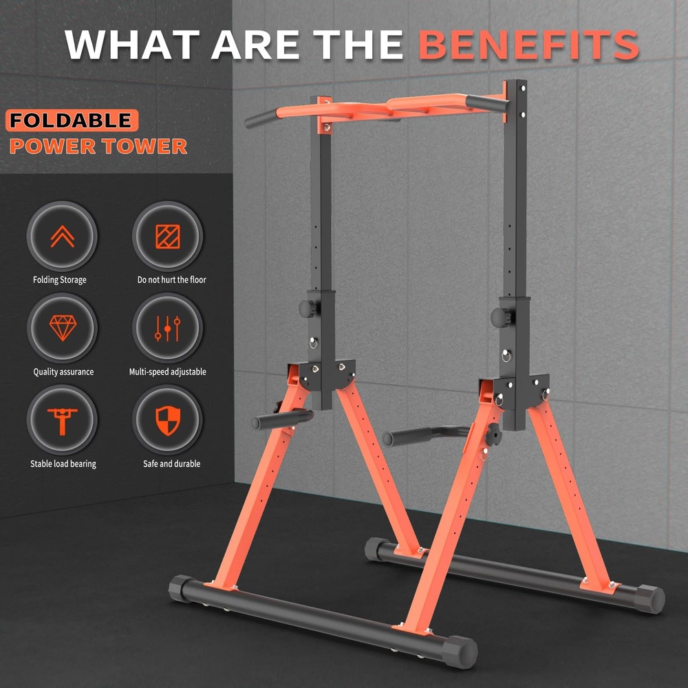 Foldable Pull Up Bar Dip Station, adjustable Height Power Tower For All peopl...