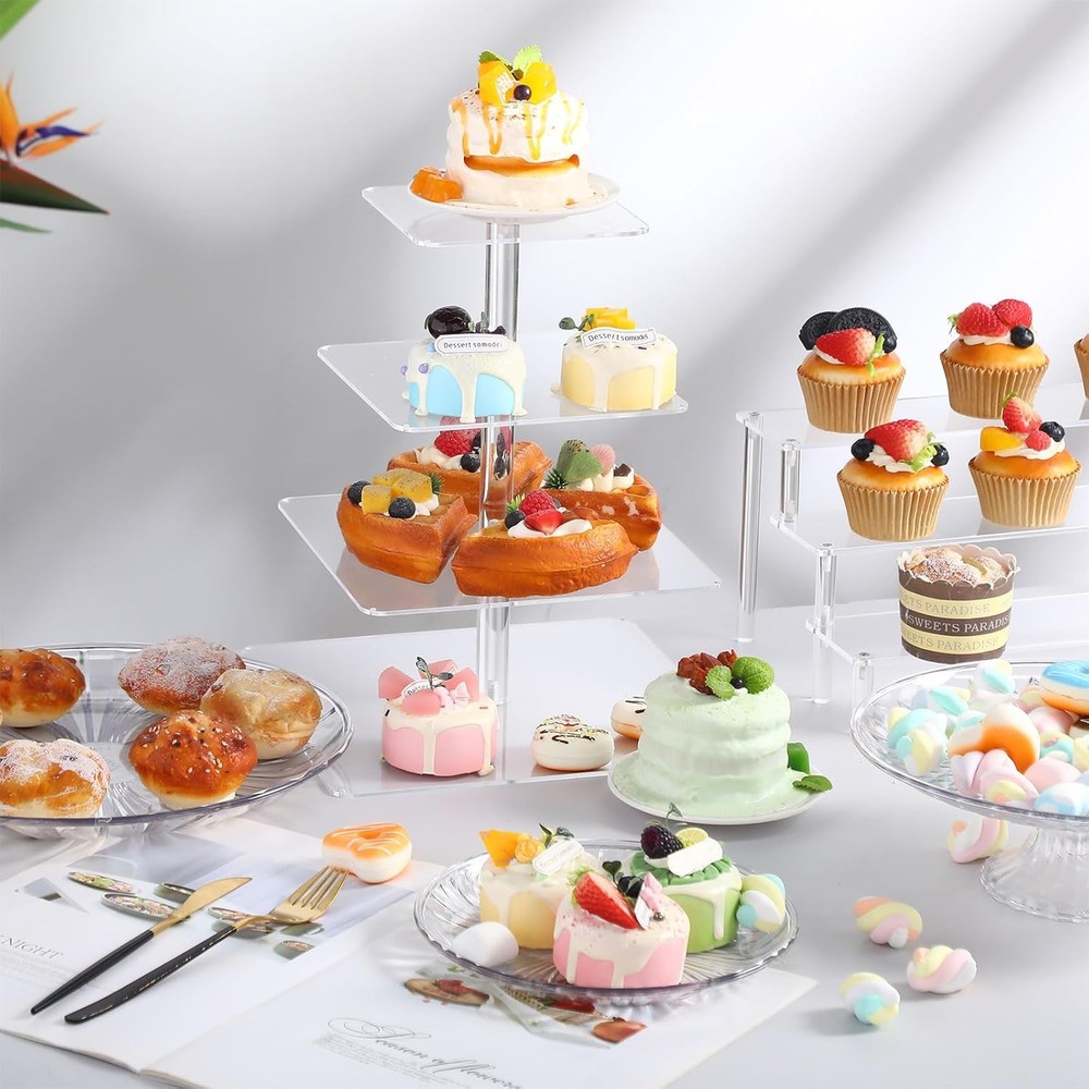 6 Pcs Acrylic Cake Stands Set Include 2 Display Risers 1 Pcs 4 Tier Cupcake