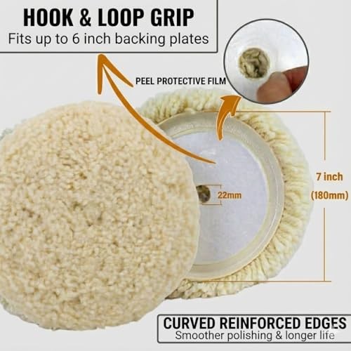 Wool Buffing Pads 7 Inch, 2 Pack 100% Wool Pads for Buffing with Hook & Loop